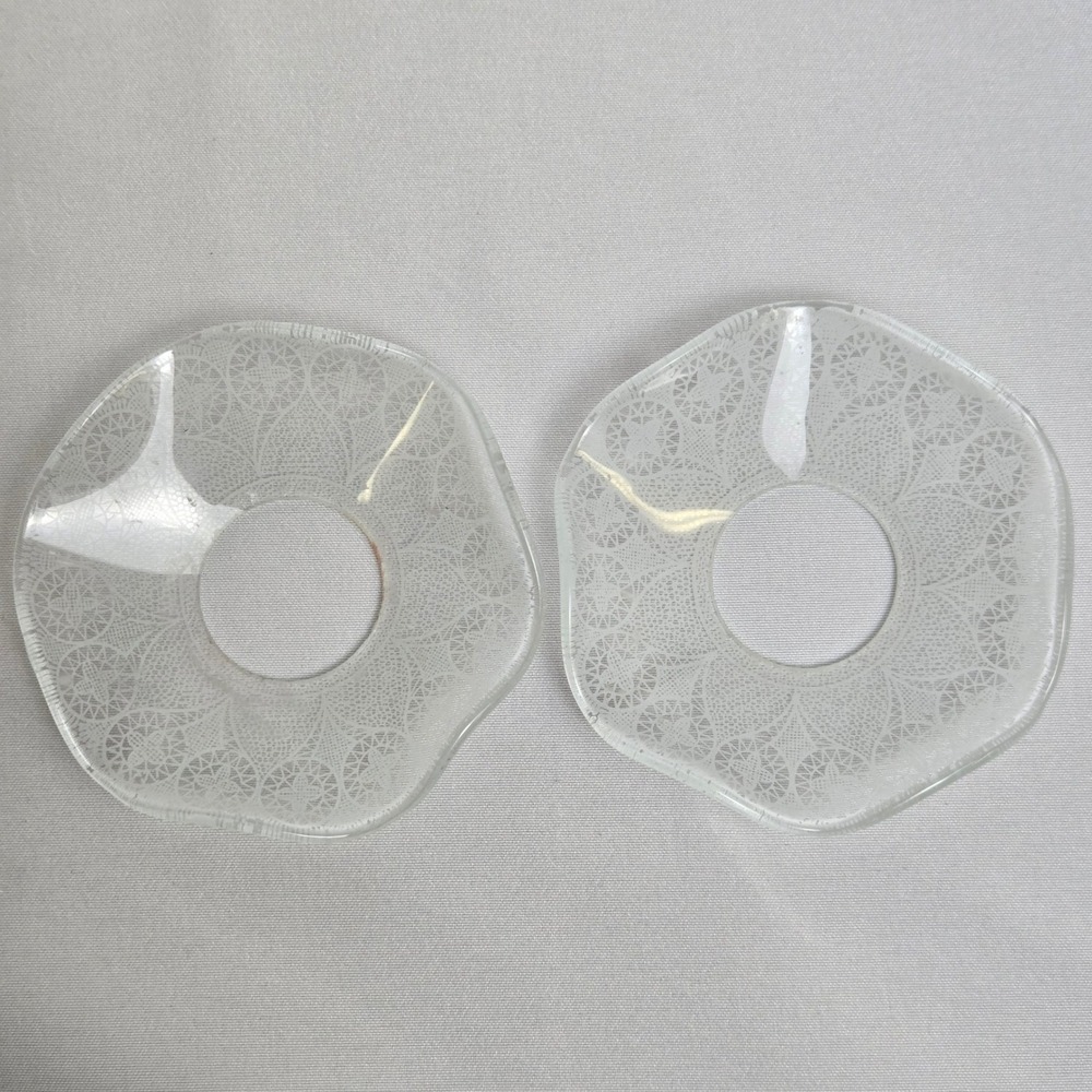 Pair of Etched Glass Bobeches, Round Candlestick Ring Holder Drip Guards, 2.5"